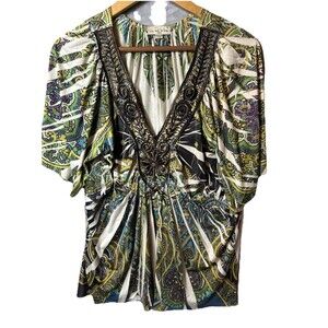 Live & Let Live Woman’s Short Size 1X Brown Blue Print Wife Arm V Neck Dressy